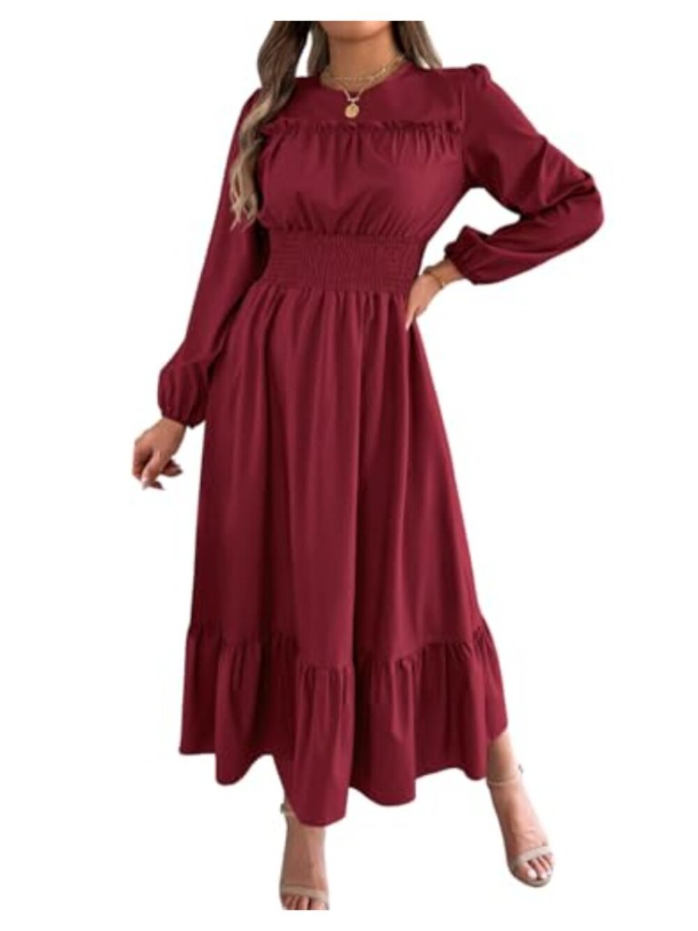Ruffle Maxi Dress Pleated A Line Flowy Business Casual Modest Long Sleeve